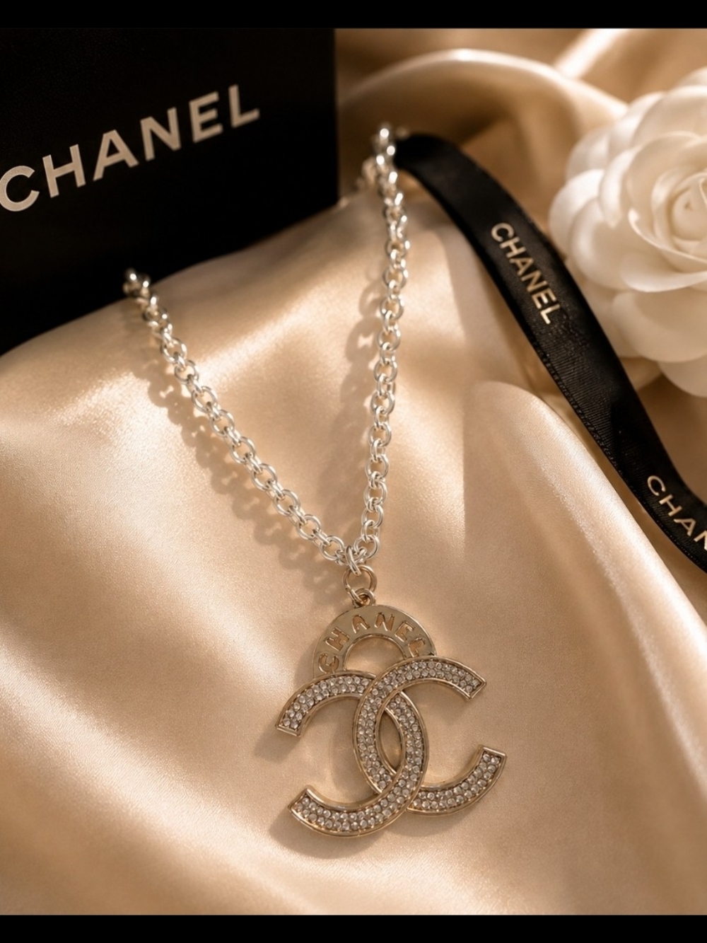 CHANEL Gold and Crystal Double C Pendant Necklace